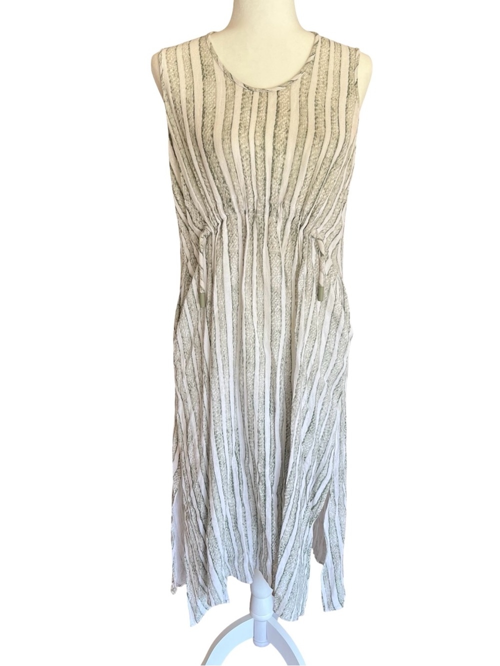 Adolfo Dominguez Striped Green Cream Linen Midi Dress Lagenlook Sz 4/ EU 38 Chic